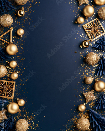 Golden ornaments frame a deep navy background. Shiny baubles and glitter create a festive border. Geometric gold pieces add modern holiday flair. This design invites warmth, celebration, and luxury