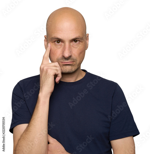 Thinking Bald Man. Contemplative Male in T-Shirt, isolated