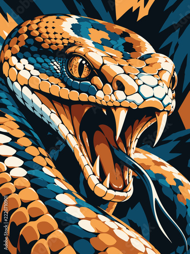 Close-up Illustration of a Fierce Snake with Open Mouth and Sharp Fangs in Vibrant Colors