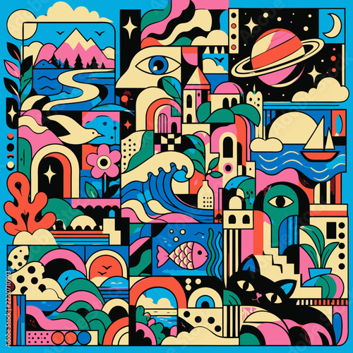 Abstract Collage of Diverse Elements Including Landscapes, Animals, and Celestial Bodies in Playful Style