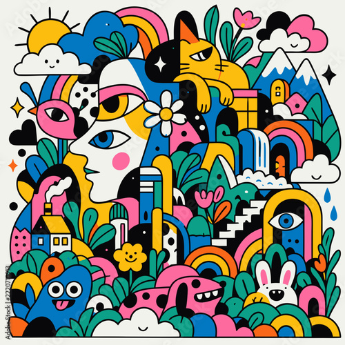 Colorful Abstract Doodle Pattern Featuring Faces, Animals, and Nature Elements in Pop Art Style