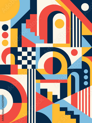 Abstract geometric composition featuring bold red, yellow, and blue shapes including circles, arcs, and stepped patterns arranged in a balanced mid-century modern flat design vector layout for
