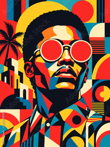 Vibrant Pop Art Portrait of a Man with Round Sunglasses in a Geometric Color Block Style