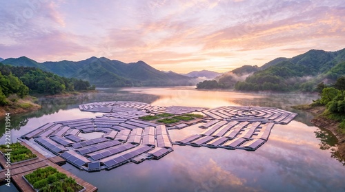 Aerial view of a floating solar panel farm on a serene lake surrounded by mountains at sunrise.