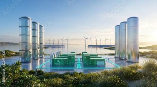 Modern green hydrogen plant facility with storage tanks and wind turbines in background.