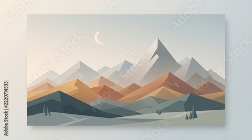 Minimalist low poly mountain landscape wall art poster with a crescent moon, geometric peaks, misty valley, evergreen trees, tranquil outdoor nature scenery, and pastel color palette background