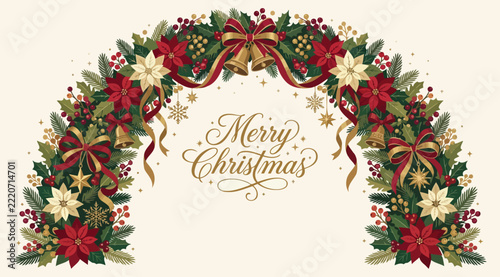 Festive christmas archway with poinsettias, holly, bells, and ribbons