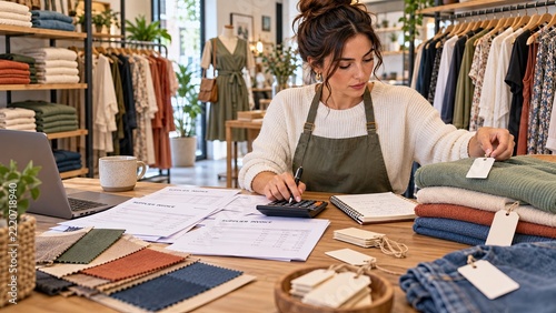 Fashion boutique owner checks fabric swatches and product tags while working at a desk in a clothing shop.