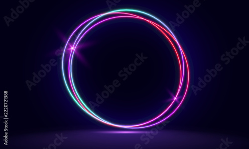 Magic fantasy portal. Round light frame, Futuristic teleport. light effect. Blue, purple, neon lights illuminate the night scene. Shiny vibrant border, glow effect. Light effect of an empty podium