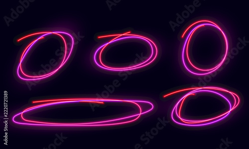 Magic fantasy portal. Round light frame, Futuristic teleport.Blue, purple, neon lights illuminate the night scene. Light effect, Bright, glowing circular text outline; headline highlighting.