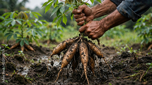 Farmer Hands Pulling Fresh Cassava Roots From Muddy Soil During Harvest in Tropical Farm