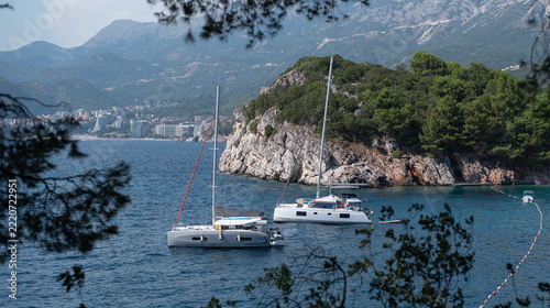 Two catamaran yachts anchor in a scenic Adriatic bay in Montenegro, framed by foreground pine branches