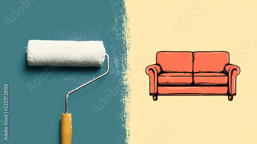 Paint roller painting a teal wall next to an illustrated orange sofa