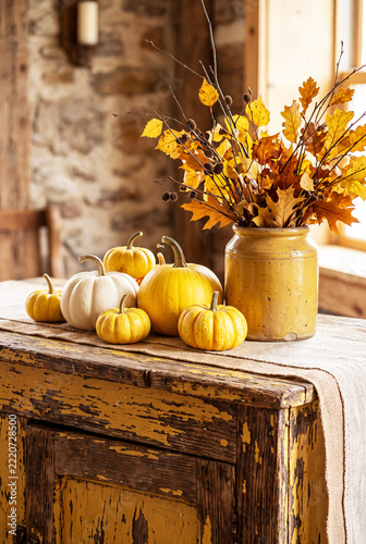 Detail of rustic autumn decor with pumpkins and dried leaves on a chest of drawers