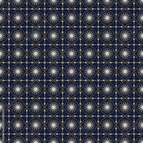Navy Blue and Cream Vintage Botanical Ornamental Seamless Pattern