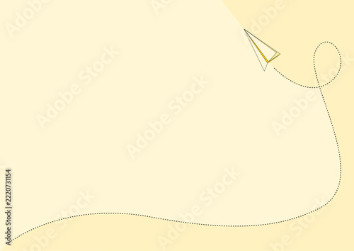 A yellow-framed paper airplane is located in the top-right corner, with a detailed, looping dotted-line path extending below it and across the light-yellow card surface.