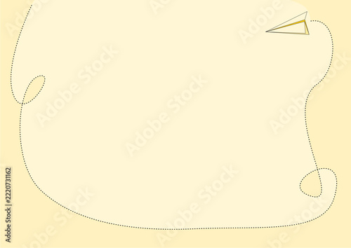 A yellow-framed paper airplane is located in the top-right corner, with a detailed, looping dotted-line path extending below it and across the light-yellow card surface.