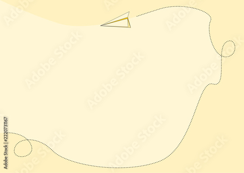 In the center, a yellow-framed paper airplane is depicted with a detailed flight path of dotted lines that weave around the central writing area. The card has a clean, light-yellow surface.