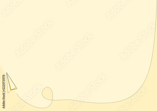 This card features a yellow-framed paper airplane at the bottom left, with a dotted line tracing its path upwards and across the large, light-yellow writing space.