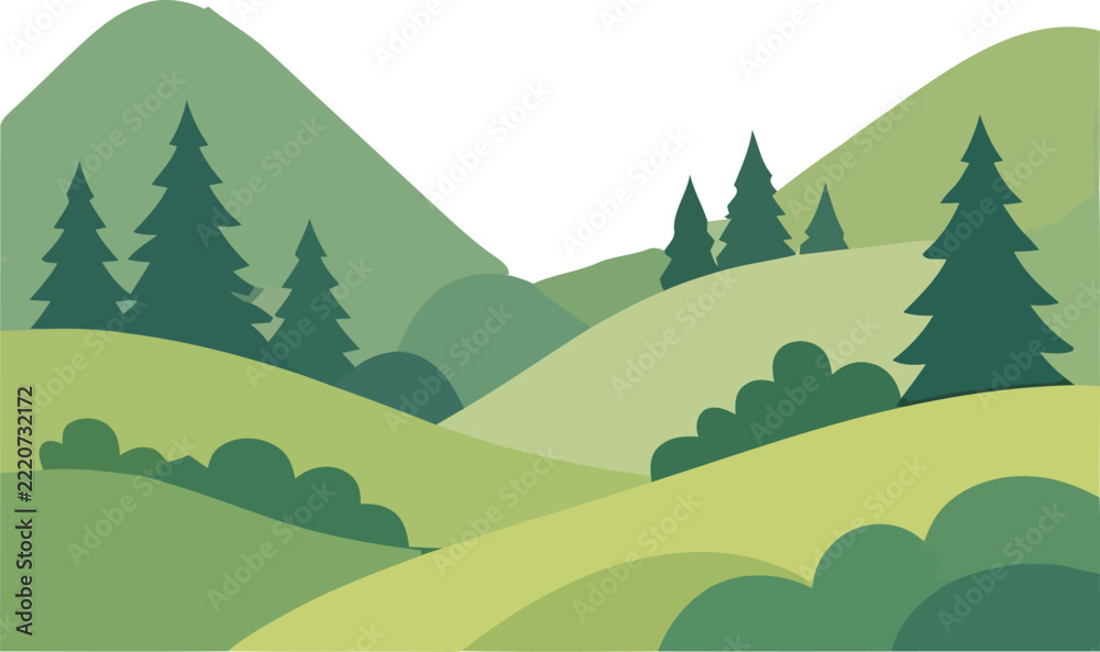 Fototapeta premium Set of two flat vector illustrations featuring a peaceful river landscape and a lush green meadow wild. 
