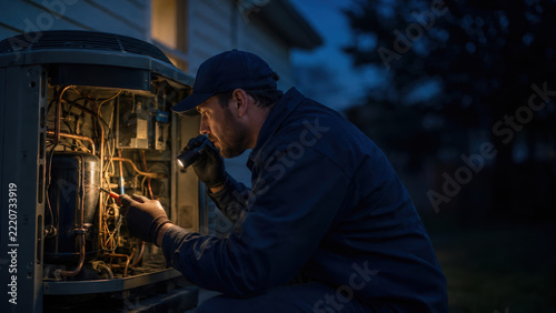 Emergency AC support technician repairing outdoor cooling unit dusk with focused expression, exposed wiring, compressor, tools and residential