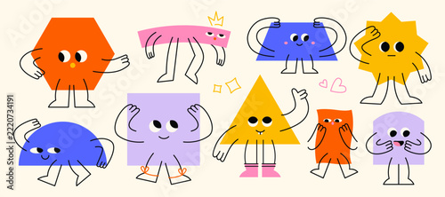 Cute geometric figures. Basic shapes with funny faces, hands and legs, abstract groovy minimal characters with different emotions, cartoon mascots for stickers. Vector isolated set