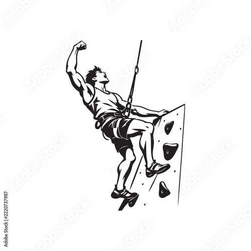 A rock climber celebrates after successfully reaching the top.