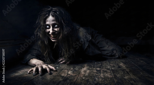 A terrifying possessed woman with glowing eyes and a wide sinister grin crawling across a dark wooden floor in a gloomy, abandoned room. Perfect for horror themes, supernatural storytelling, Hallow...