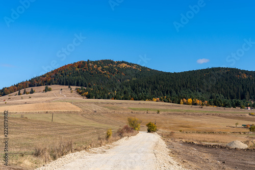 Dirt road leading to the Csiksomlyo hegy in hungarian, Sumuleu Ciuc in romania at autumn, one of the most visited place by catholic pilgrims during pentecostal holiday in eastern europe.