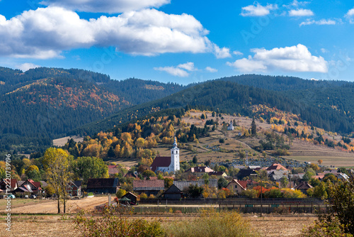 Autumn view of the village of Csikszentgyorgy in jungarian, Ciucsangeorgiu in romanian.