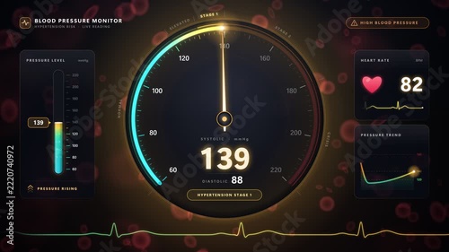 Medical HUD Hypertension Monitor Showing Rising Blood Pressure Gauge Needle