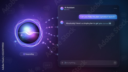Dialogue with AI chatbot glowing voice orb and glass chat window seamless loop