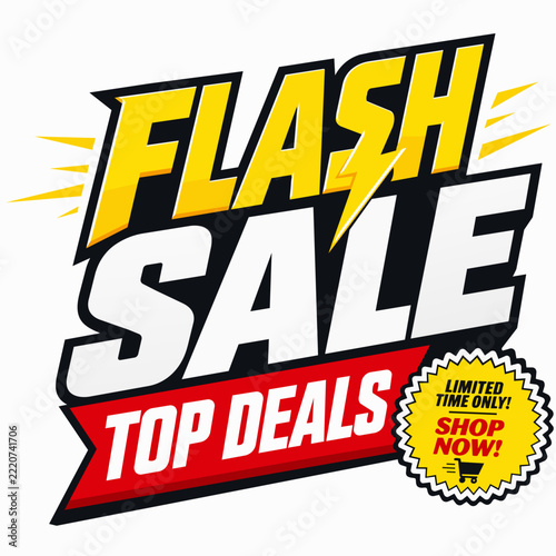 A vibrant flash sale graphic features bold typography with yellow and white text on a red and white background.