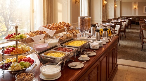 Hotel Breakfast Buffet With Fresh Fruit, Pastries, Hot Dishes, Coffee And Morning Dining Selection