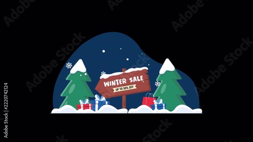 Animated Winter Sale Sign with Winter Trees and Gifts - Transparent