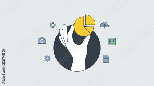 Hand holding a pie chart piece with surrounding business and technology floating icons.
