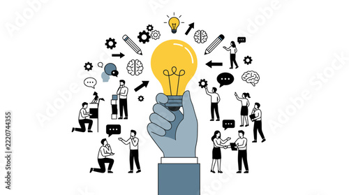 Human hand holding lightbulb with tiny people collaborating on creative ideas.