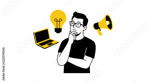 Illustration of a man thinking with a lightbulb and creative technology symbols.