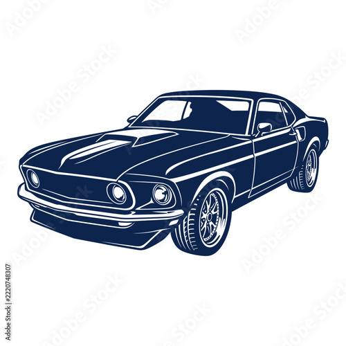Muscle car illustration is rendered in a classic blue and white vector graphic style.