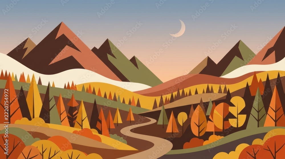 Fototapeta premium Autumn mountain road landscape at night with crescent moon.