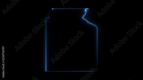 Glowing neon idaho state map outline animation, blue digital border silhouette on black background