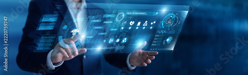 Businessman analyzing Health Insurance policy and digital screen, medical coverage data networking interface. Life assurance protection, patient care benefits, claim management.