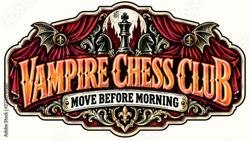 Vampire Chess Club Plays Midnight Matches beside Ornate Chess Pieces, Creepy Holiday Illustration, Spooky Vintage Design, Classic Halloween Style