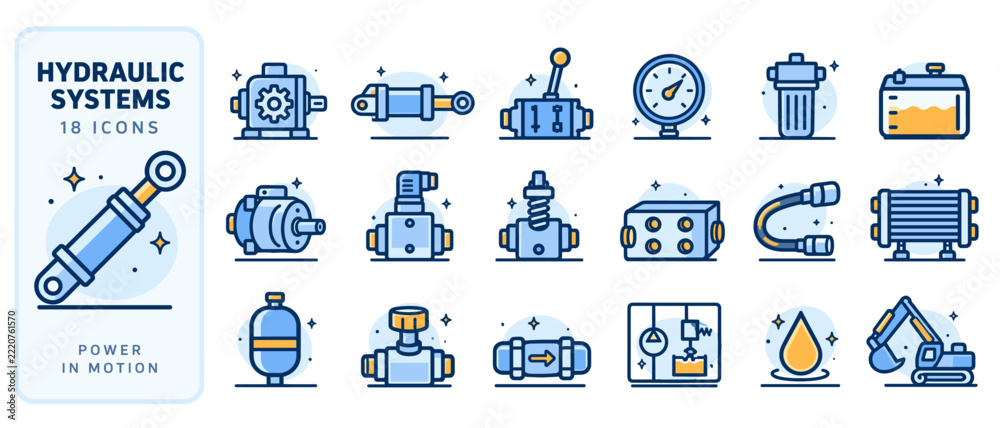 Naklejka premium Hydraulic system equipment icon set with blue and orange accents