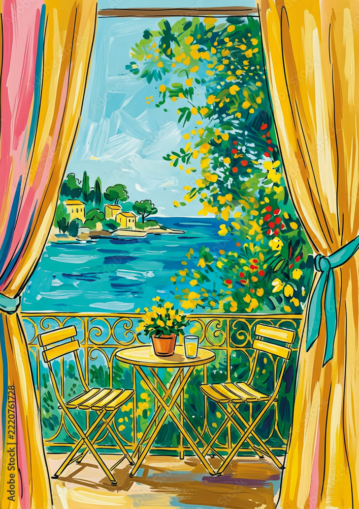 Fototapeta premium View from an open window of a sea bay with a sailboat, watercolor