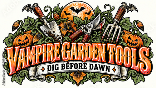 Vampire Gardener Tends Moonlit Flowers with Antique Garden Tools, Creepy Holiday Illustration, Haunted Seasonal Artwork, Orange Halloween Graphic