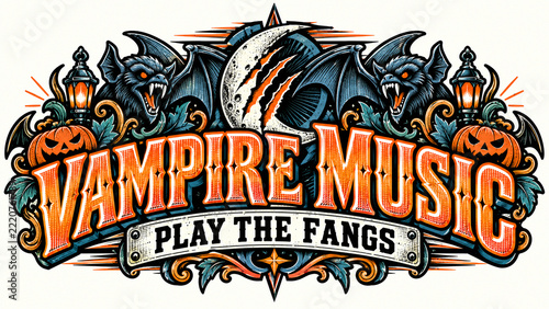 Vampire Musician Plays Fang Inspired Notes across Orange Athletic Emblem, Creepy Holiday Illustration, Spooky Vintage Design, Halloween Art Print