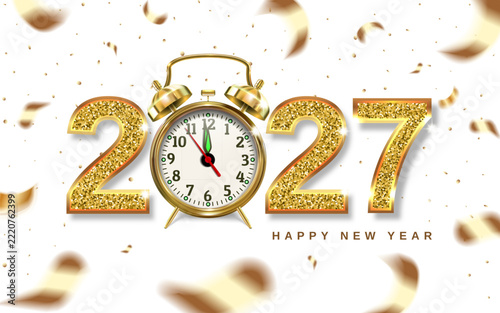Christmas numbers 2027 with golden alarm clock, arrows point to New Year - concept.  Confetti gold.