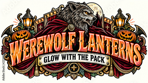 Werewolf Lanterns Glow beneath Velvet Cape on Burgundy Marquee, Vintage Halloween Graphic, Creepy Holiday Illustration, Haunted Seasonal Artwork