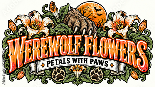 Werewolf Paws Weave through Blossoms across Moss Green Race Bib, Vintage Halloween Graphic, Creepy Holiday Illustration, Haunted Seasonal Artwork